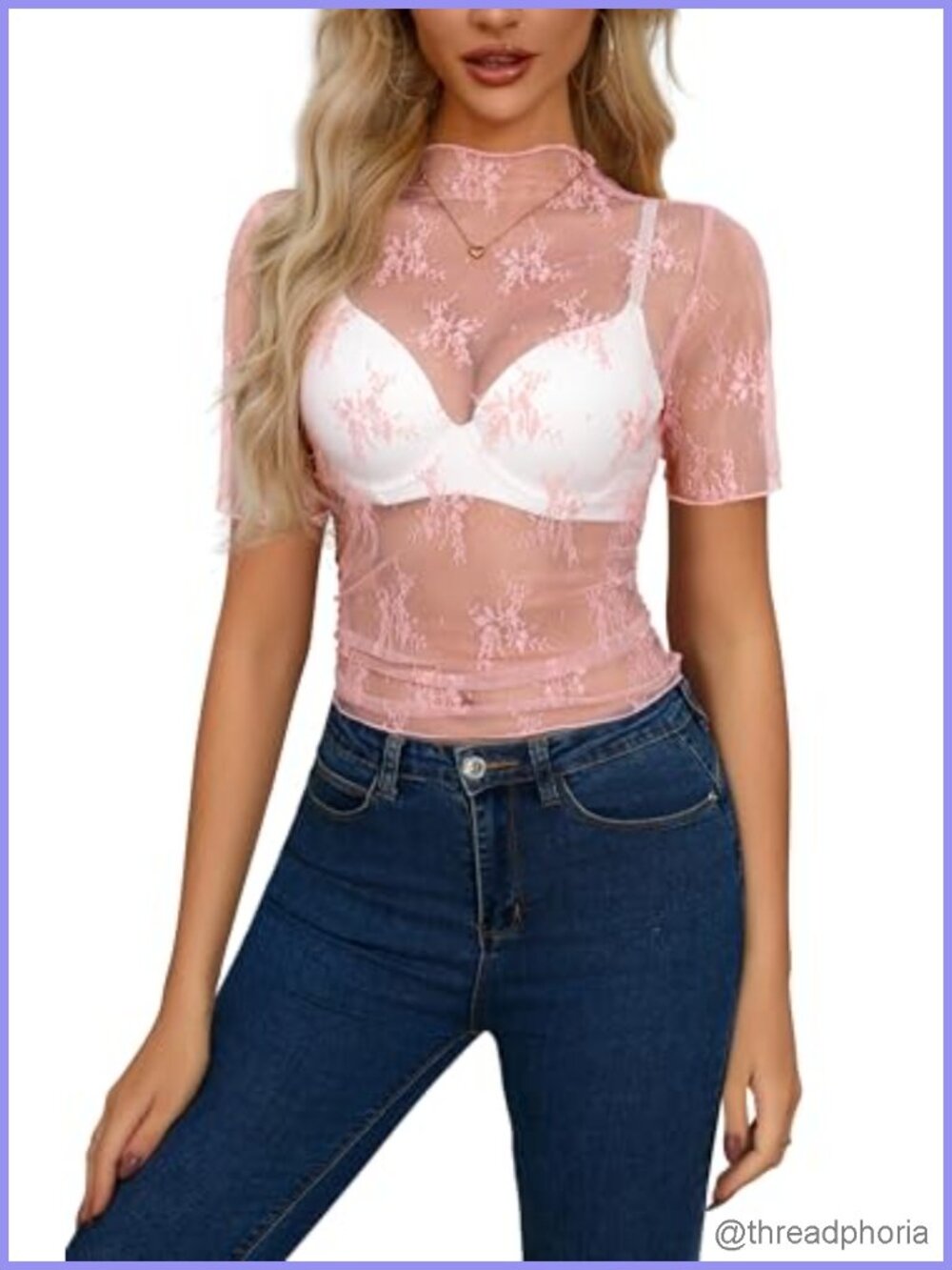 Sheer Mesh Crop Top Mock Neck Floral Lace Y2K Layering Blouse